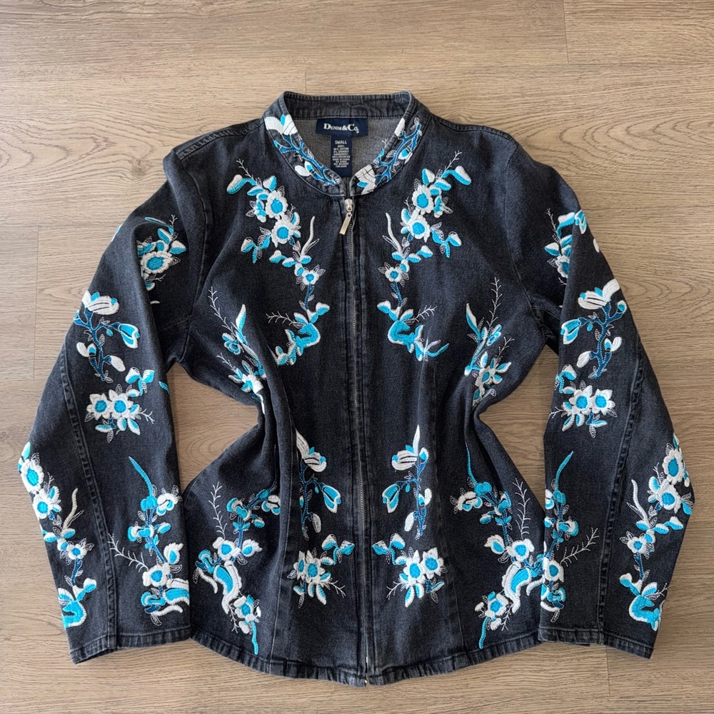 Denim&Co Vintage Embroidered Floral Denim Western Boho Whimsigoth Jacket Sz S